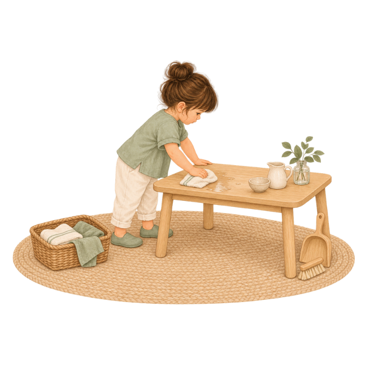 A young child hanging laundry in a prepared practical life area