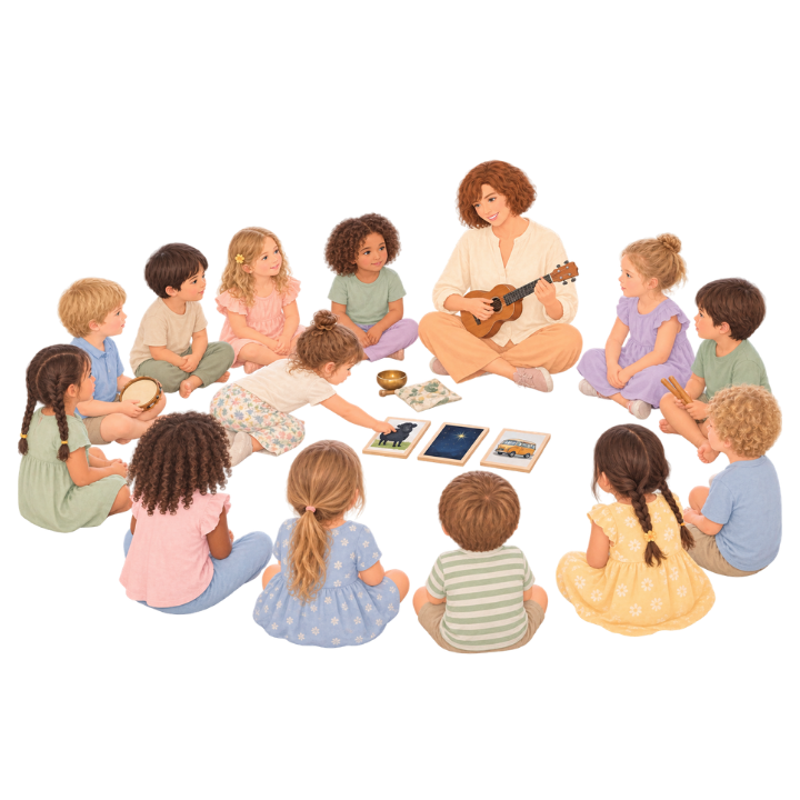 Kym leading an early learning music circle as a child chooses from prepared song cards