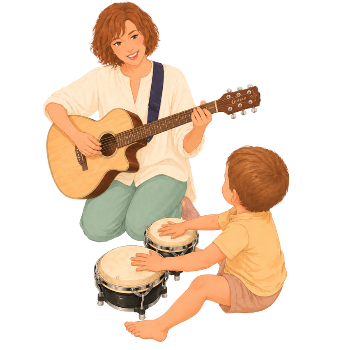 A child exploring music through live acoustic instruments