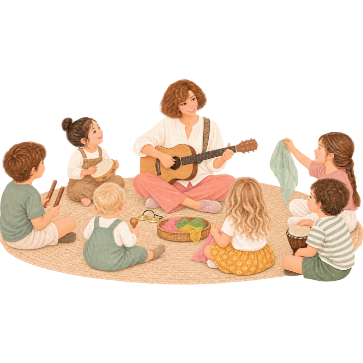 Children gathered with Kym in a small music circle