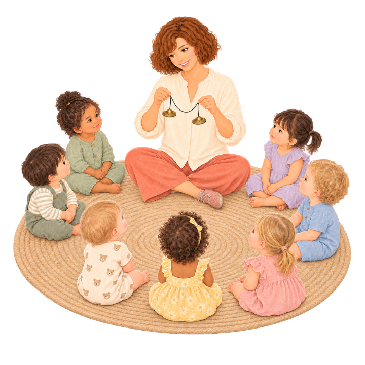Kym ringing Tibetan tingsha as infants and toddlers listen in a small music circle