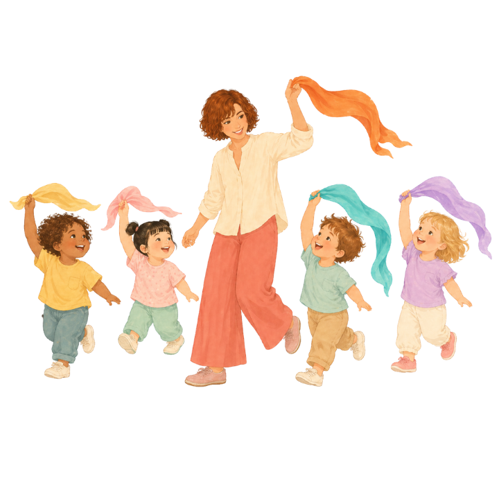 Children moving together with scarves in a small music circle
