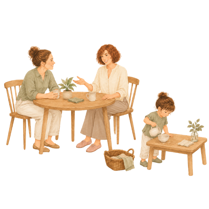 A family discussing their home with Kym while a young child plays nearby